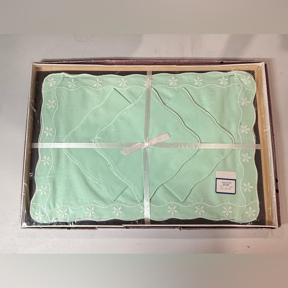 Vintage Mint Green Cotton Placemat & Napkin Set – 8 Pieces NOS in Box
